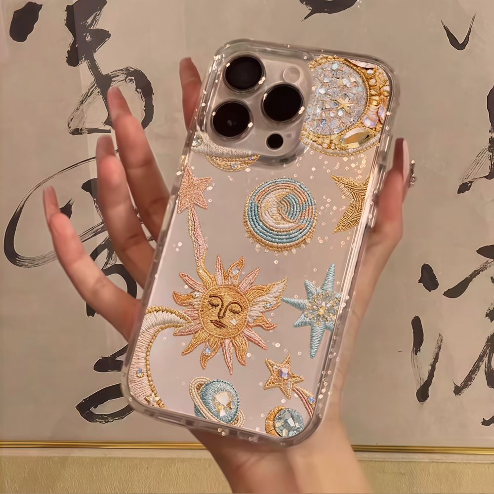Clear Shockproof Bumper Case - เคสโทรศัพท์ลายดวงดาวและพระจันทร์พร้อมกลิตเตอร์ใส สำหรับ iPhone 17 13 16