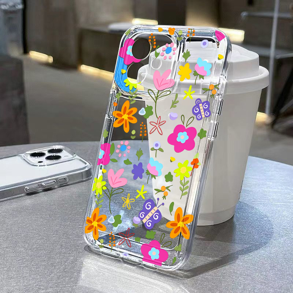 Clear Shockproof Bumper Case - เคสโทรศัพท์ลายดอกไม้สีสันสดใส สำหรับ iPhone 16 17 13