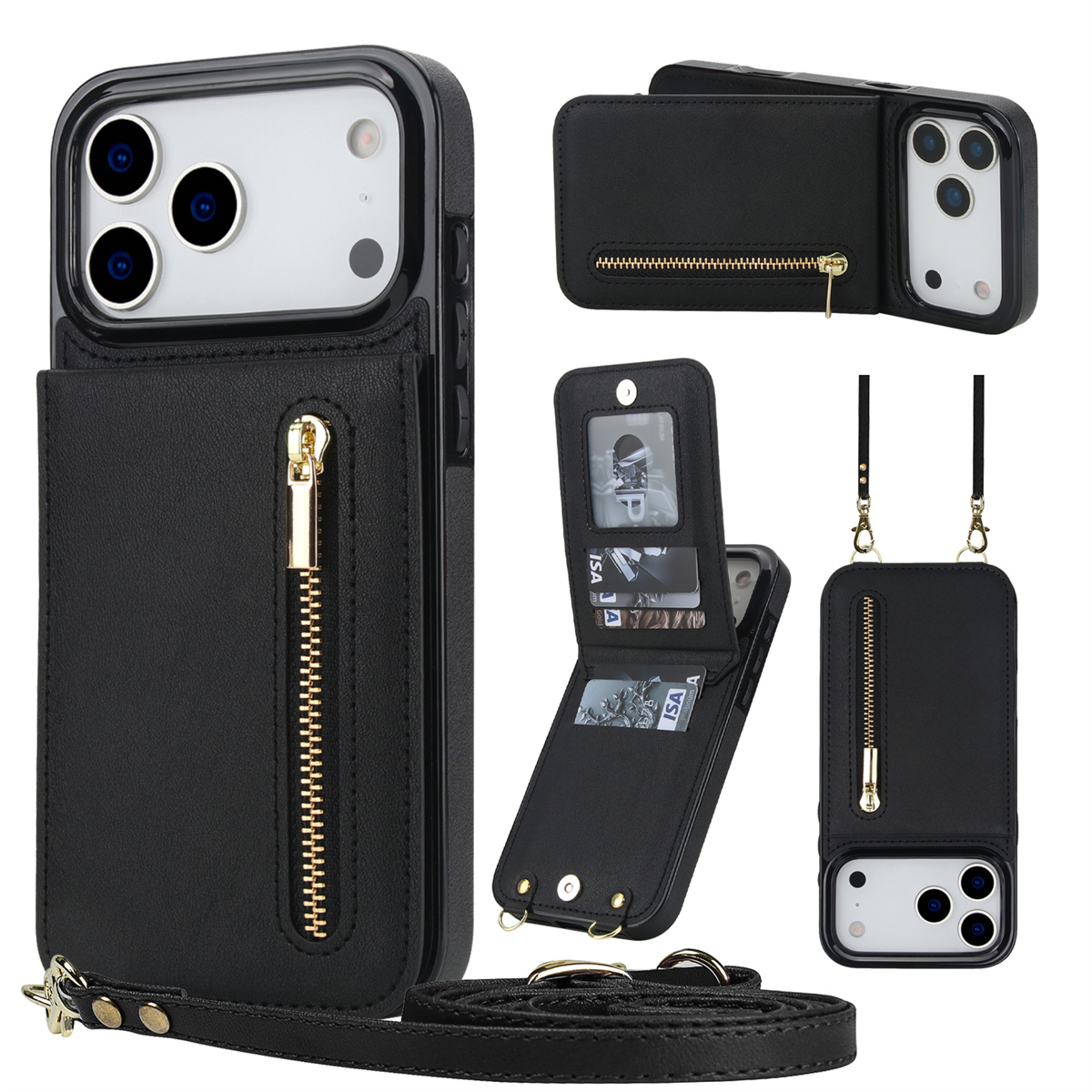 Leather Wallet Card Holder Phone Cover - เคสโทรศัพท์หนังแบบมีซิปใส่บัตรและสายคล้องไหล่ สำหรับ iPhone 16 Pro Max