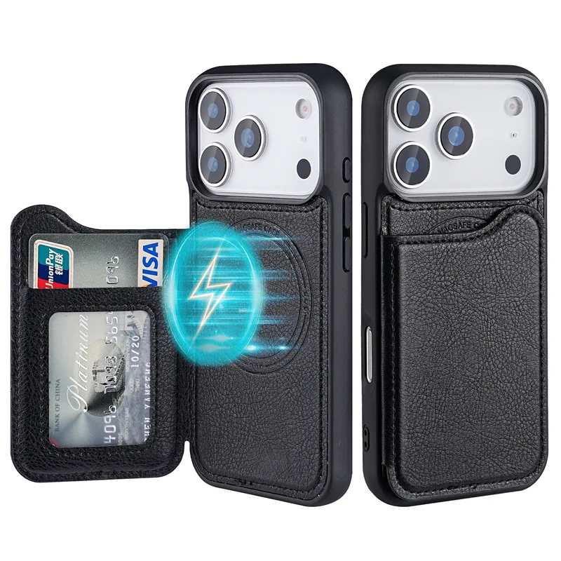Leather Wallet Card Holder Phone Cover - เคสโทรศัพท์แบบพับได้พร้อมช่องใส่บัตรและแม่เหล็ก MagSafe สำหรับ iPhone 17 Air