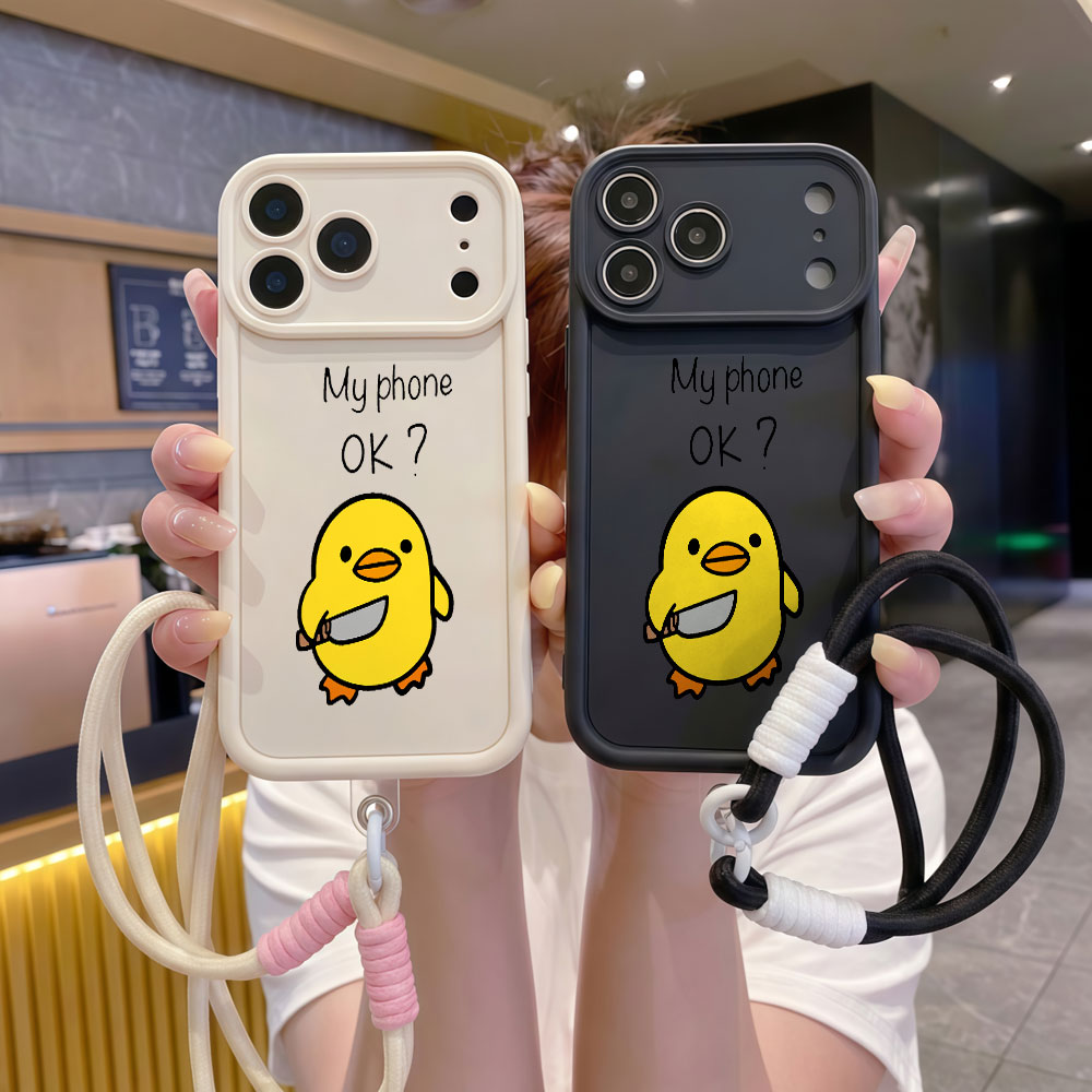 Cute Cartoon Wrist Strap Silicone Case - เคสโทรศัพท์ลายการ์ตูนเป็ดน่ารักพร้อมสายคล้องข้อมือ สำหรับ iPhone 16E 17E 15