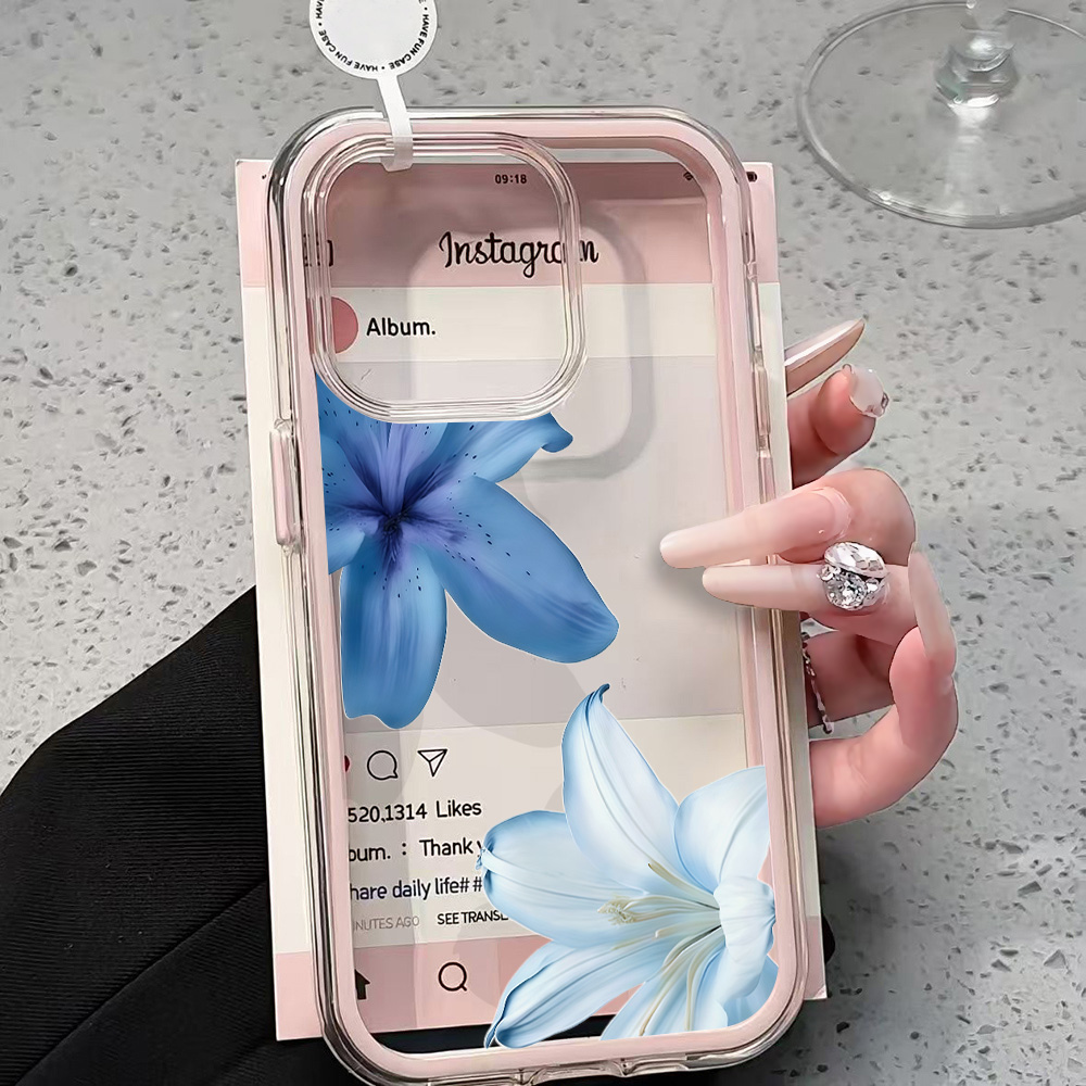 Clear Shockproof Bumper Case - เคสโทรศัพท์ใสลายดอกลิลลี่สีฟ้า สำหรับ iPhone 17 13 16