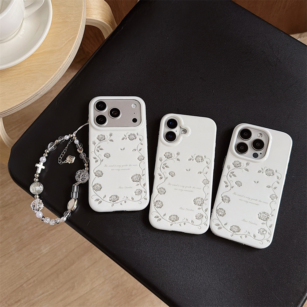 Vintage Floral Pattern Soft Case - เคสโทรศัพท์ลายสวนกุหลาบสีเงินวินเทจสำหรับ iPhone 17 16 15 Pro