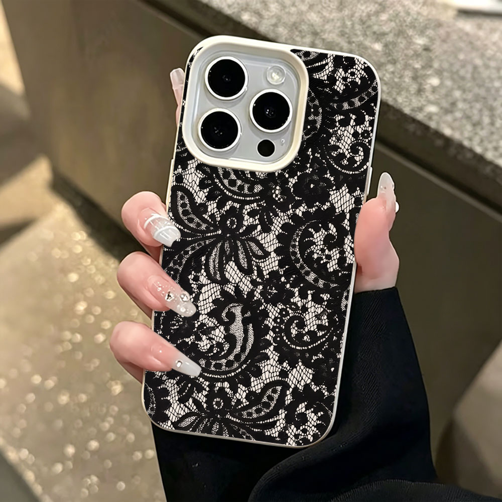 Vintage Floral Pattern Soft Case - เคสโทรศัพท์ลายลิ้นจี่ลูกไม้ดอกไม้สีดำสไตล์วินเทจ สำหรับ iPhone 17 12 16
