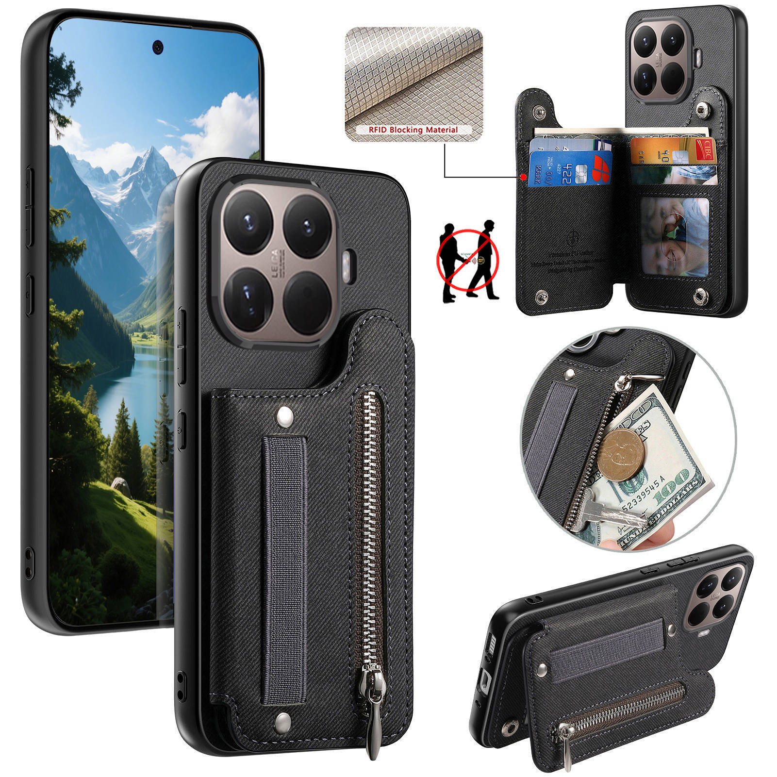 Leather Wallet Card Holder Phone Cover - สายรัดข้อมือ RFID กระเป๋าสตางค์หนังพร้อมที่ใส่การ์ดเคสโทรศัพท์สำหรับเสี่ยวมี่ 17T 17TPro 15T