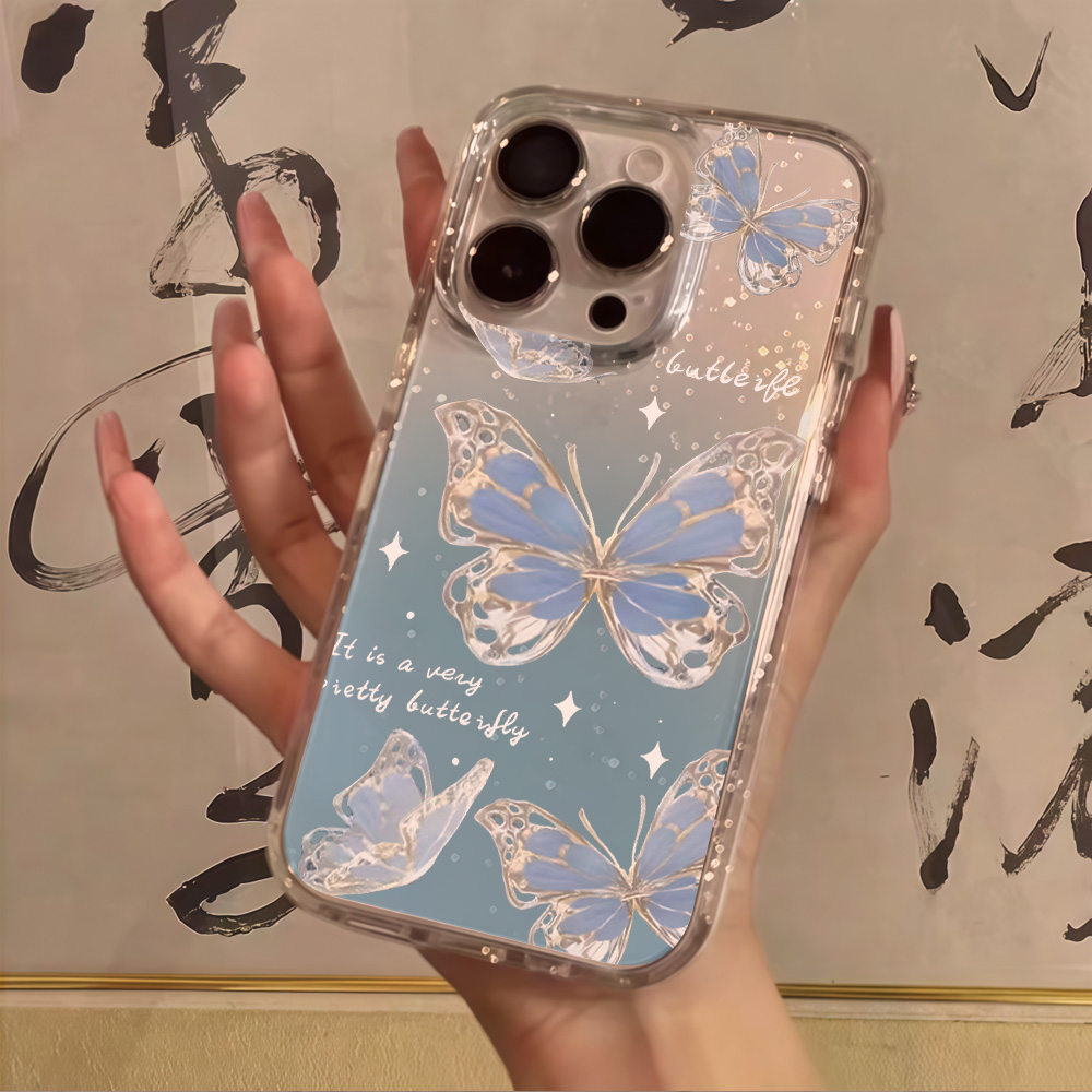Clear Shockproof Bumper Case - เคสโทรศัพท์ใสลายผีเสื้อสีน้ำเงินหรูหรา พร้อมกลิตเตอร์ สำหรับ iPhone 17 13